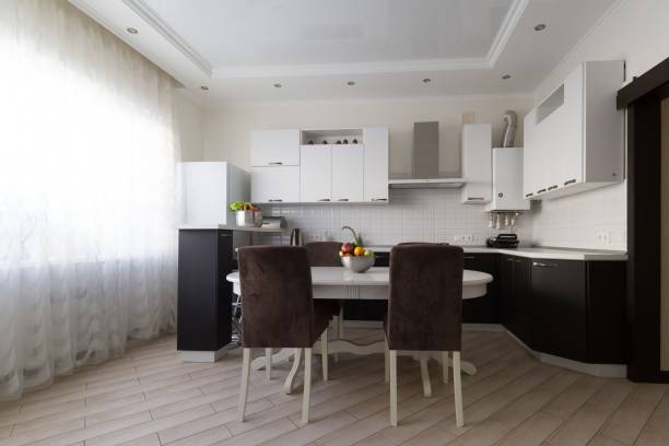 istock Interior. Kitchen modern, white, brown, beige color, doors 1127158001