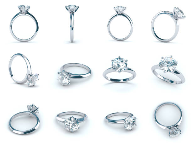 Solitaire diamond engagement rings, various camera angles, isolated on white background white gold engagement ring with a big round brilliant cut solitaire diamond in a six prong setting engagement ring stock pictures, royalty-free photos & images