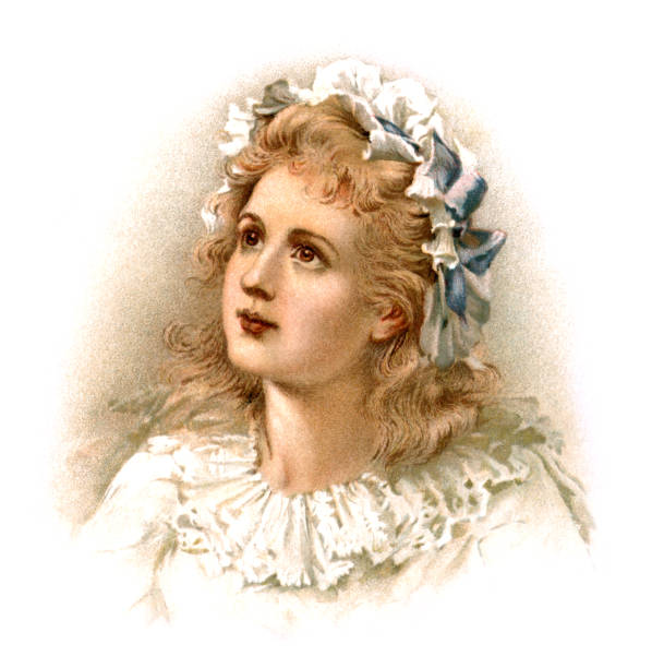 Golden-haired young 18th century girl looking upwards A golden-haired young 18th century girl or young woman wearing a pretty ruffled cap and looking upwards in an almost angelic pose. From “Longfellow Pictures” by Herbert Dicksee, Miss M Dicksee and J Finnemore. Published by Ernest Nister, London and printed by E Nister in Nuremberg, Bavaria, 1891. 18th century style stock illustrations