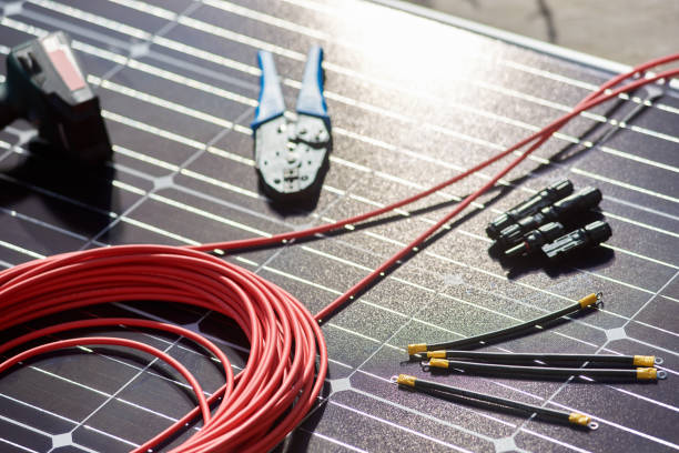 Different details, instruments for installing solar system stock photo