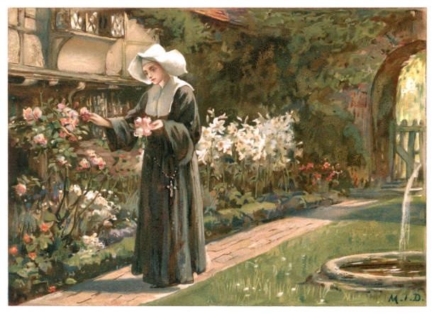 молодая монахиня собирает цветы в летнем саду - ornamental garden europe flower bed old fashioned stock illustrations