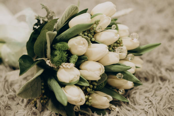 White wedding bouquet with boho stock photo