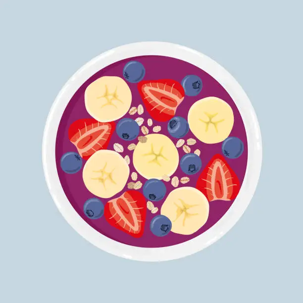 Vector illustration of Acai smoothie bowl with banana, blueberries, strawberries and oats, isolated. Top view. Vector hand drawn illustration.