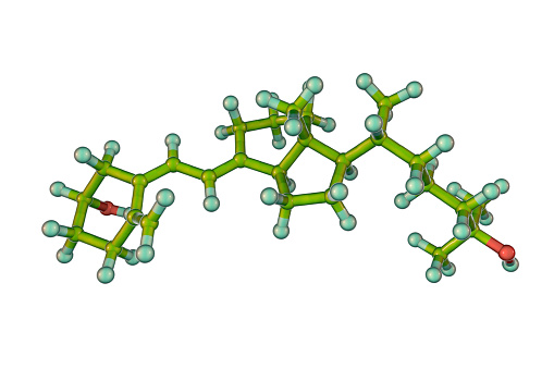 Calcidiol molecule, also called calcifediol, major circulating metabolite of vitamin D3 produced in liver, 3D illustration