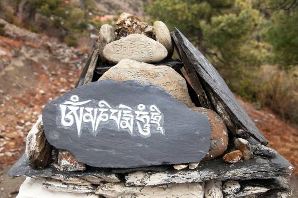 pared de mani y piedra con símbolos budistas, nepal - tibet tibetan culture buddhism writing fotografías e imágenes de stock