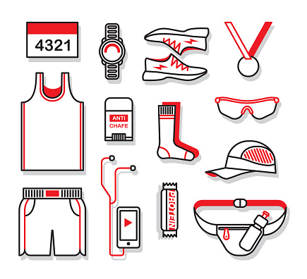 Clothing and accessories for running. Vector illustration set.