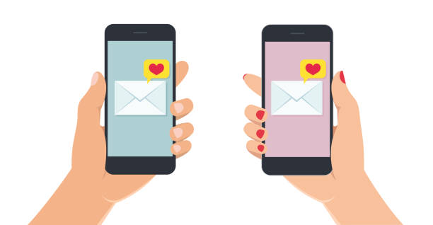 ilustrações de stock, clip art, desenhos animados e ícones de female and male hands holding smartphone with love message on screen. hand with mobile phone on white background. - hands holding