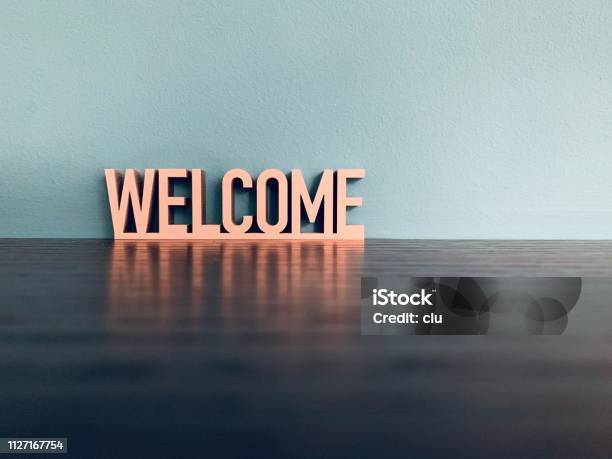 Word Welcome On Blue Background Stock Photo - Download Image Now - Welcome Sign, Greeting, Single Word