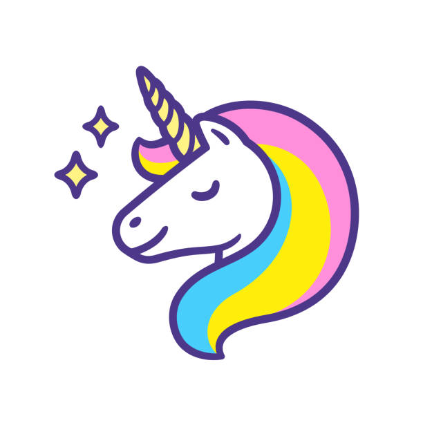 Cartoon Unicorn head Cartoon unicorn head with rainbow mane and sparkles. Cute icon or print, isolated vector illustration. unicorn stock illustrations