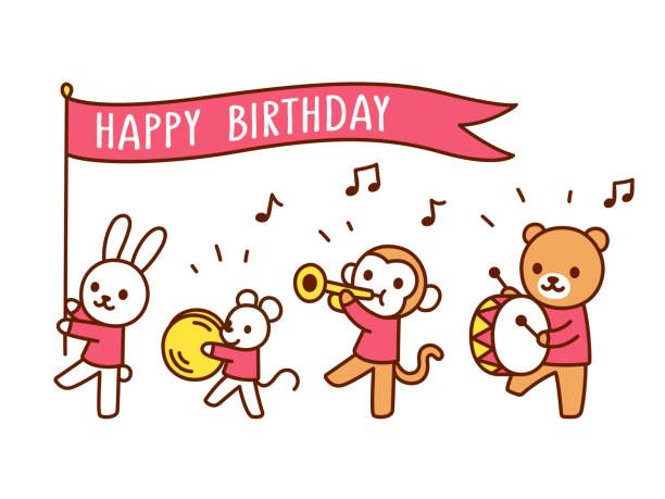 ilustraciones, imágenes clip art, dibujos animados e iconos de stock de desfile animal divertido del feliz cumpleaños - trumpet brass instrument marching band musical instrument