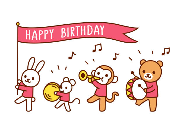 ilustrações de stock, clip art, desenhos animados e ícones de happy birthday funny animal parade - trumpet brass instrument marching band musical instrument