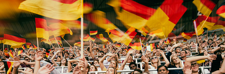 Women and men on a stadium waving flag.