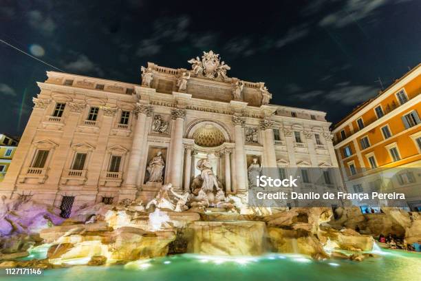 Italy Rome Trevi Fountain Stock Photo - Download Image Now - Night, Trevi Fountain, Ancient