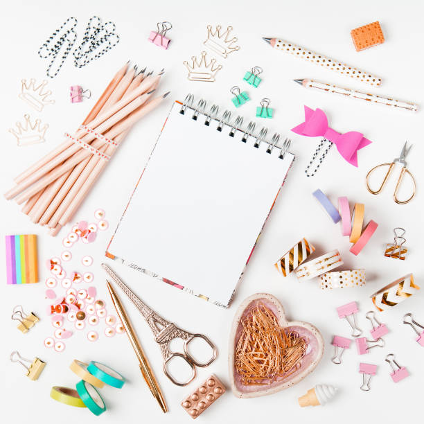 istock Notebook mockup and School stationery. Flat lay, top view trendy back to school concept. 1127171992