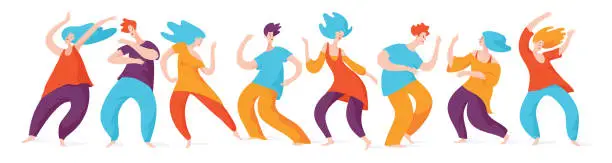 Vector illustration of 5 Rhythms dancing. Dancing people. Men and woman dancing.