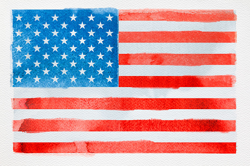 Concept of traveling or studying English. Watercolor American flag on white background