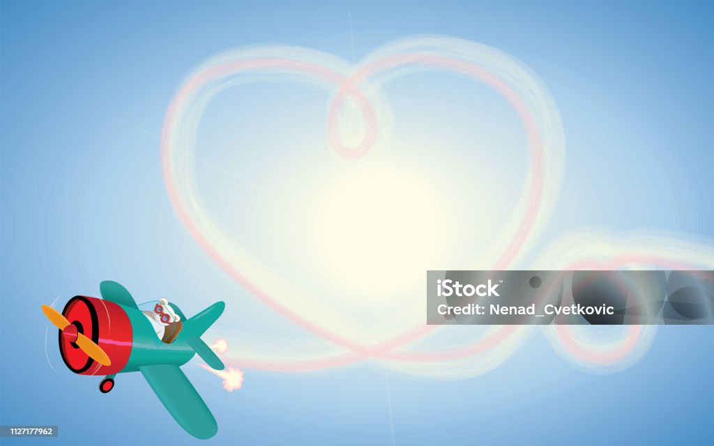 День святого Валентина концепция-сердце написано в небе с дымом самолета - Векторная графика Белый роялти-фри