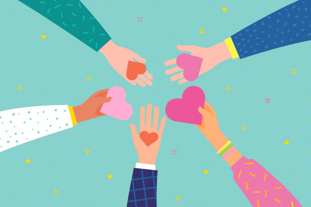 Concept of charity and donation. Give and share your love to people. Concept of charity and donation. Give and share your love to people. Hands holding a heart symbol. Flat design, vector illustration. sharing illustrations stock illustrations