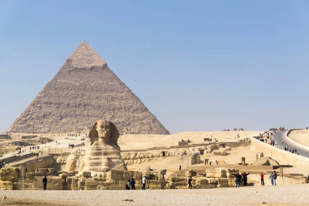 View of the great Pyramid complex of Giza, in Cairo Egypt stock photo