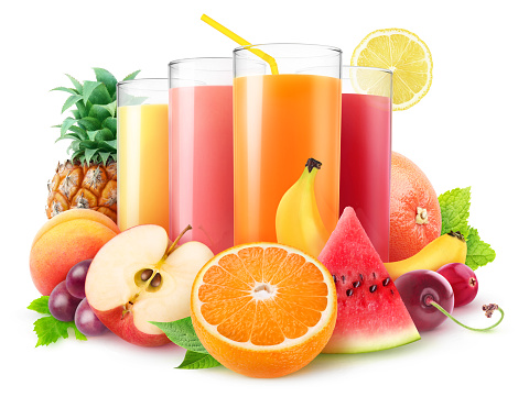 Isolated juices. Glasses of fresh juice and pile of fruits and berries isolated on white background with clipping path