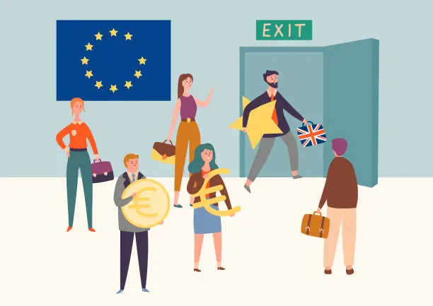 Vector illustration of Uk Exit European Union, Brexit Symbol Concept. Man Leave Eu Take Star. Britain National Politics Referendum Agreement Result. People Hold Currency Sign Flat Cartoon Vector Illustration