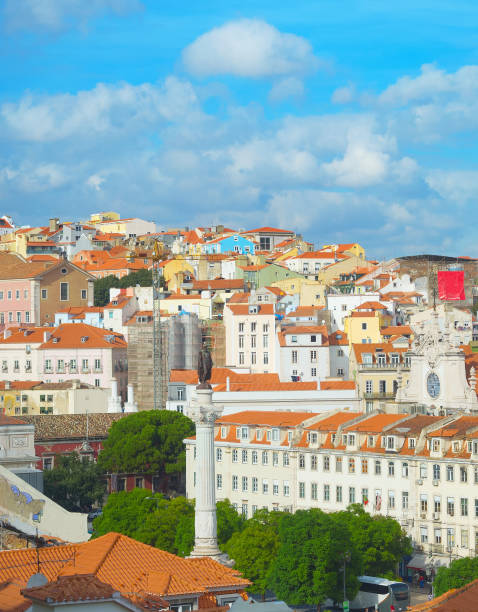Skyline of Lisbon Old Town with Rossio square and King Pedro IV monumetn. Lisbon, Portugal