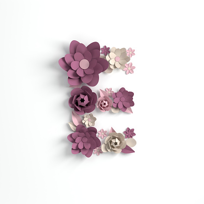 Paper flower alphabet letter E 3d render. Pastel colored flowers in modern paper art origami style. Flat lay digital illustration. Isolated on white