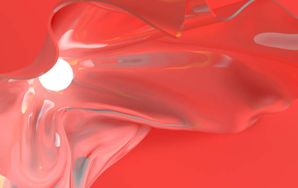 istock Luxury soft textile fabric in motion with luminous sphere 3d render. Iridescent waves. Abstract modern design element, coral color background 1127186694
