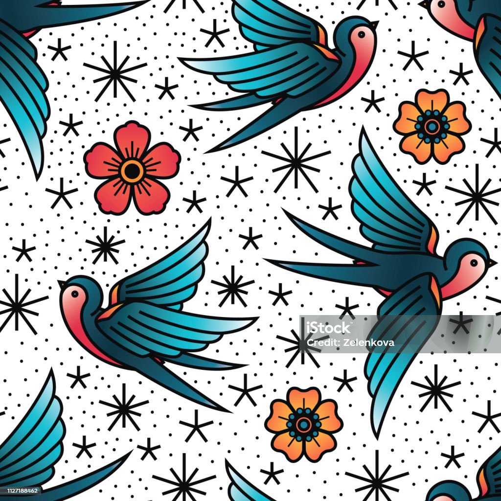 Oldschool Traditional Tattoo Vector Birds And Flowers Pattern Stock  Illustration - Download Image Now - iStock