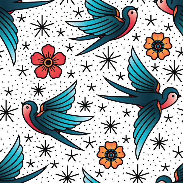 Oldschool Traditional Tattoo Vector Birds and Flowers Pattern Oldschool Traditional Tattoo Vector illustration. Traditional stylized tattoo seamless pattern with swallows and cinquefoils. vintage sailor stock illustrations