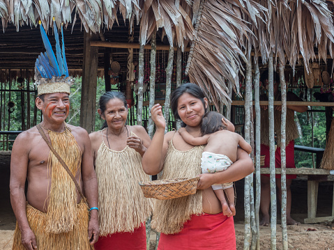 Iquitos, Peru- Sep 26, 2018: Yagua Indians in his local costume. Latin America. Yagua, Nativa Yahuas Comunidad.