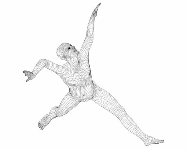 istock 3D render of a dancing wireframe male cyborg. 1127189499