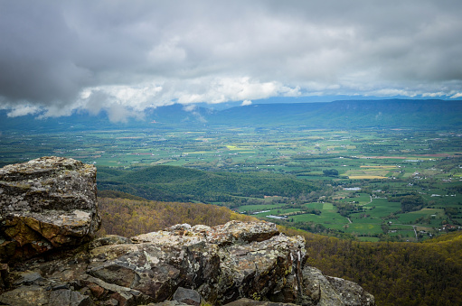 View from the top of Little Stony Man mountain in Shenandoah National Park on a foggy spring day