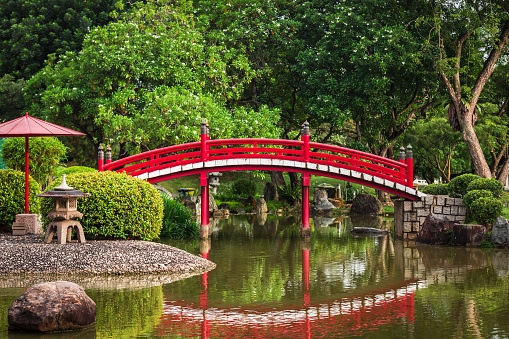 Jurong East, Singapore - January 15, 2015: a red wooden bridge at the Japanese Garden inside the Chinese Garden in Jurong East, Singapore.
