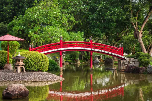 Photo of Red wooden bridge at the Japanese Garden