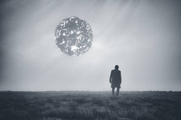 istock Man against mysterious alien UFO 1127193017