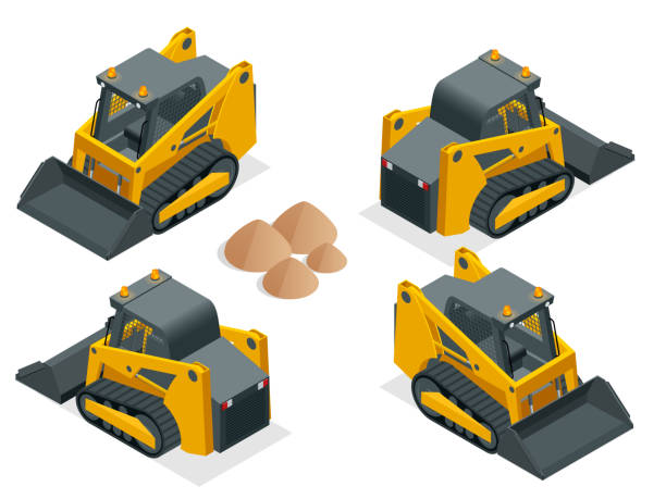izometryczne gąsienicowe koparki kompaktowe. orange steer loader izolowany na białym tle - loading earth mover skidding construction equipment stock illustrations
