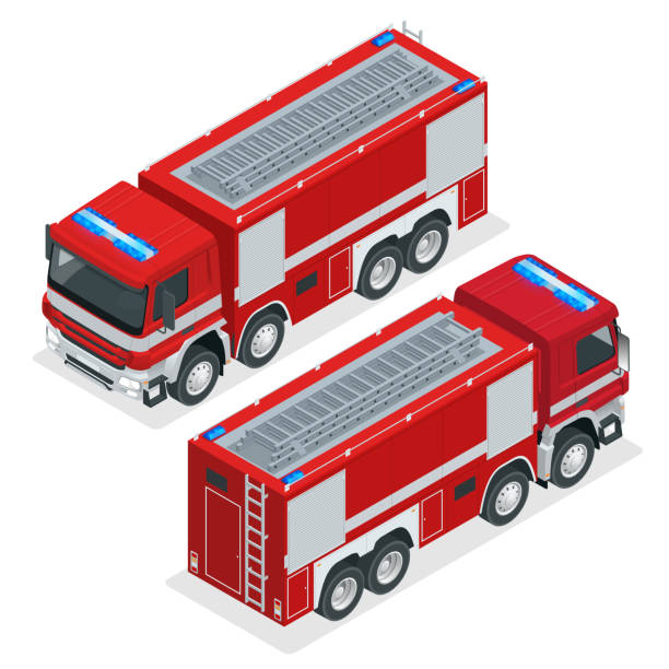 Isometric Red fire truck, vehicle of Emergency. Firefighters design element. Vector Illustration on a white background. Isometric Red fire truck, vehicle of Emergency. Firefighters design element. Vector Illustration on a white background emergency response workplace stock illustrations