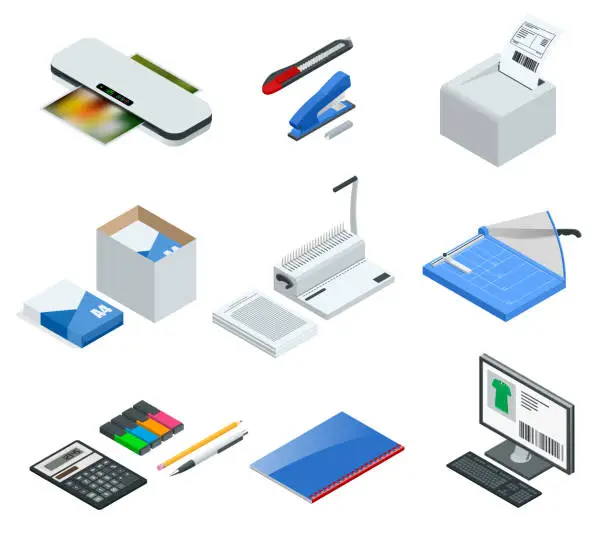 Vector illustration of Isometric set of office tools. Vector icons illustration stapler, laminator, binder, office knife, multifunctional office printer, office cutter