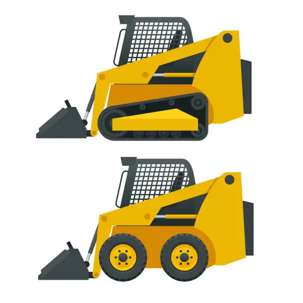 Vector illustration of Compact Excavators. Steer Loader side view isolated on a white background