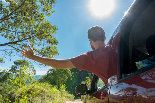 istock Man open arms out of car window forest 1127201769