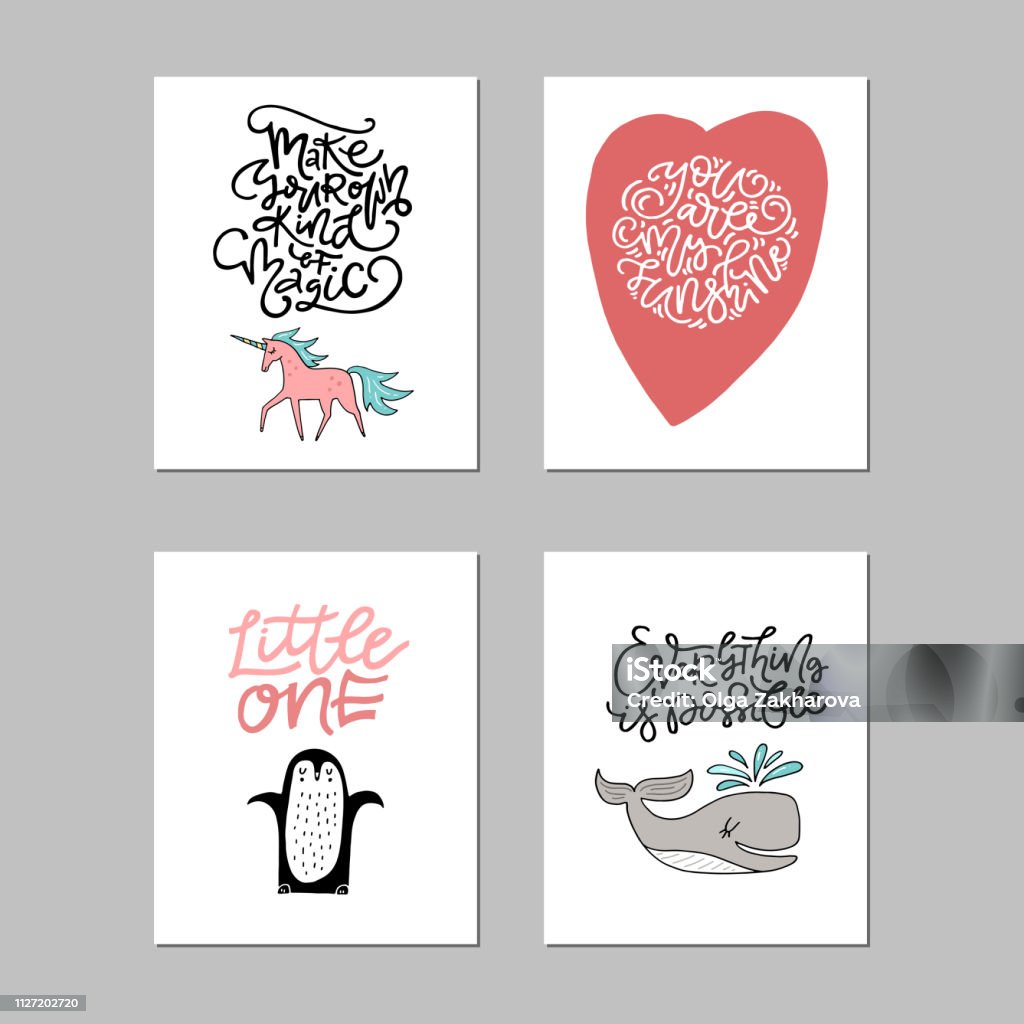 Nursery Art Collection Collection of cute vector posters for nursery with animals and phrases drawn by hand. People stock vector