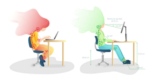 Ergonomic, wrong and Correct sitting Spine Posture. Healthy Back and Posture Correction illustration. Office Desk Posture. Curvature of Spine with Wrong Sitting, Good Position when working at Computer Ergonomic. Wrong and Correct sitting Spine Posture. Healthy Back and Posture Correction illustration. Office Desk Posture. Curvature of Spine with Wrong Sitting, Good Position when working at Computer adjusting stock illustrations