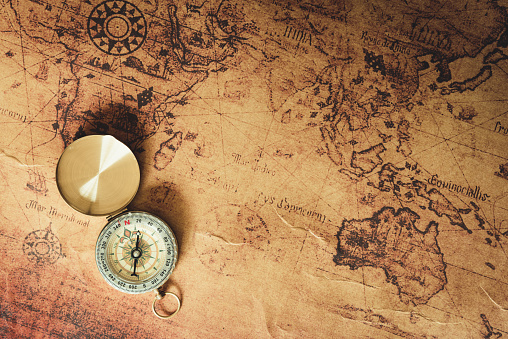 Navigator explore journey with compass and world map., Travel destination and planning vacation trip., Vintage concept.