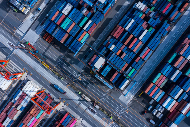 istock Aerial shot of container area. 1127206944