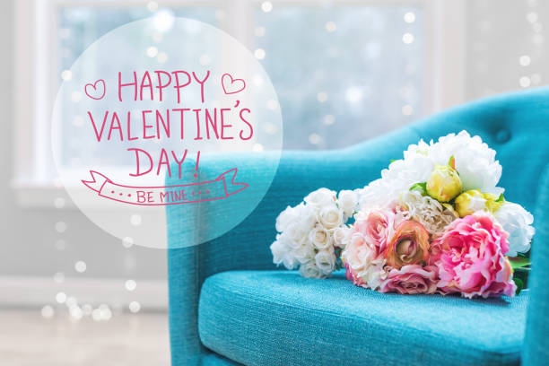 istock Valentine's Day message with flower bouquets with chair 1127208501