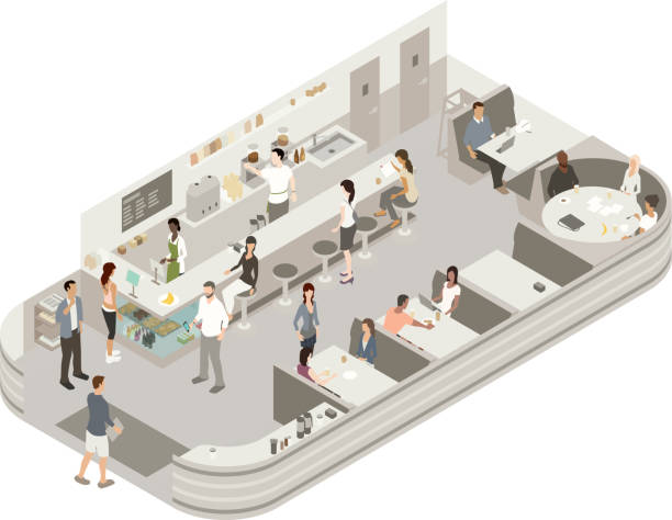Coffee house illustration Detailed isometric illustration of a coffee house interior, with 2 baristas and 15 customers placing orders, waiting for coffee, sitting quietly, and meeting with others. Many appear to be using the booths as a shared workspace. A neutral gray color scheme gives the cafe a contemporary feel. cafe bar counter stock illustrations