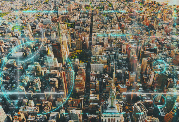 istock Aerial view of New York with techology theme 1127209875