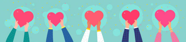 ilustrações, clipart, desenhos animados e ícones de conceito de caridade. várias pessoas seguram o coração - gear heart shape love equipment