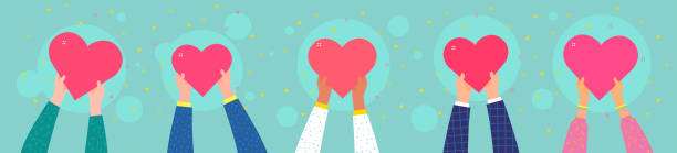 Charity concept. Several people hold the heart Concept of charity and donation. Give and share your love to people. Ppeople are holding hearts on their hands. Flat design, vector illustration. hand holding gift stock illustrations